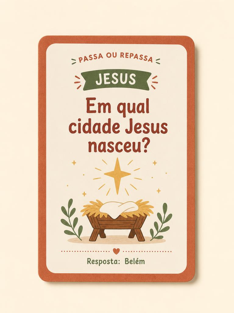 Cartão do jogo com pergunta sobre o nascimento de Jesus